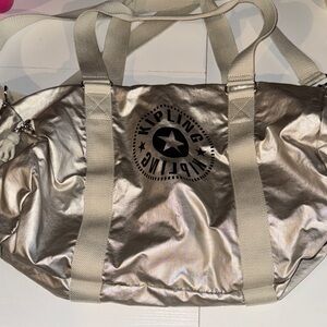 Kipling Shiny Silver Gold Travel Duffel Bag